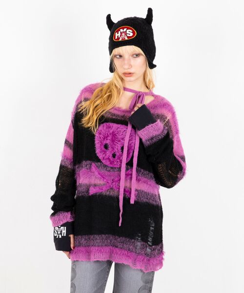 HYSTERIC GLAMOUR（ヒステリックグラマー）の「SKULLアップリケ クラッシュボーダーセーター（ニット/セーター・レディース・ホワイト/ピンク/ブルー・FREE）」の6枚目の写真