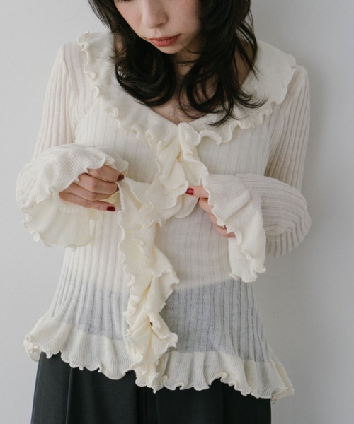 DRWCYS（ドロシーズ）の「ラッフルリブカーディガン（カーディガン/ボレロ・レディース・アイボリー/ブラック/グレー・FREE）」の5枚目の写真