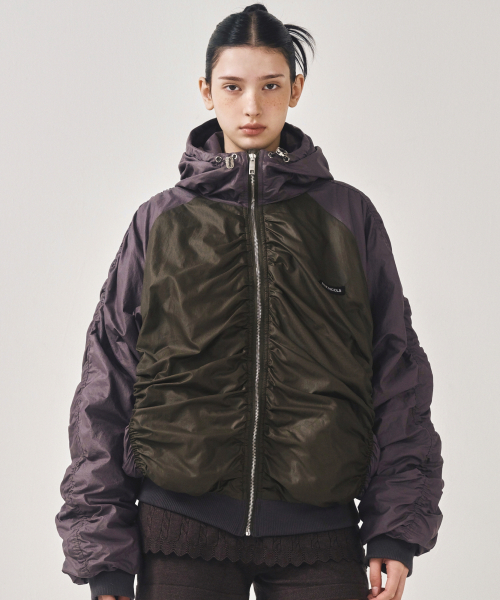 セール】HOODY SHIRRING VOLUME JACKET_KHAKI（MA-1）｜NICK&NICOLE