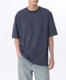 ピンストライプリラックスクルーネックTシャツ[ネイビー/ホワイト]