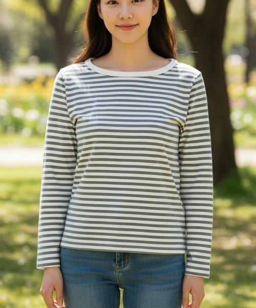 BY THE BAY（バイザベイ）の「【マリンテイスト・大人定番】バスクボーダー長袖Tシャツ／4色展開｜クルーネック ロンT フィット 着回し 大人カジュアル きれいめ 春秋コーデ（Tシャツ/カットソー・レディース・グレー×ホワイト/ネイビー×ホワイト/ブラック×ホワイト/ブラウン・FREE）」の3枚目の写真
