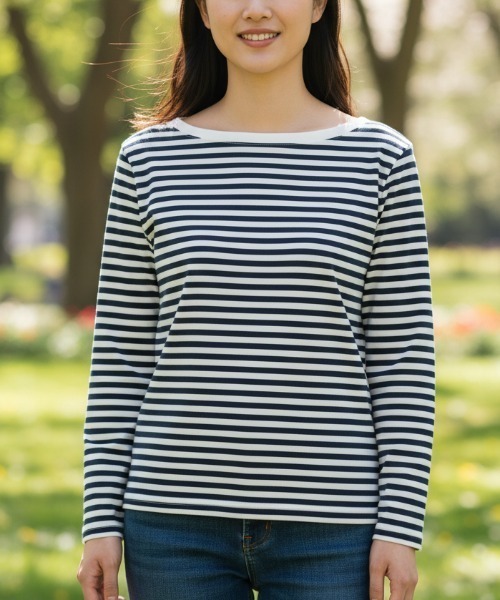 BY THE BAY（バイザベイ）の「【マリンテイスト・大人定番】バスクボーダー長袖Tシャツ／4色展開｜クルーネック ロンT フィット 着回し 大人カジュアル きれいめ 春秋コーデ（Tシャツ/カットソー・レディース・グレー×ホワイト/ネイビー×ホワイト/ブラック×ホワイト/ブラウン・FREE）」の4枚目の写真