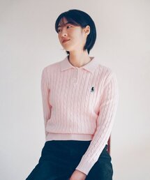 ウィメンズケーブルポロニット_ライトピンク