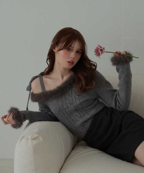 fur ribbon rafia knit tops/ファーリボンラフィアニットトップス