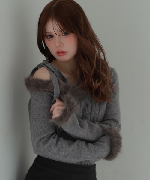 M DOLLY(エムドリー)の「fur ribbon rafia knit tops/ファーリボンラフィアニットトップス(ニット/セーター・レディース・ダークグレー/ベージュ/ブルーグレー/アイボリー・FREE)」の13枚目の写真