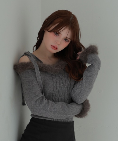 M DOLLY(エムドリー)の「fur ribbon rafia knit tops/ファーリボンラフィアニットトップス(ニット/セーター・レディース・ダークグレー/ベージュ/ブルーグレー/アイボリー・FREE)」の14枚目の写真