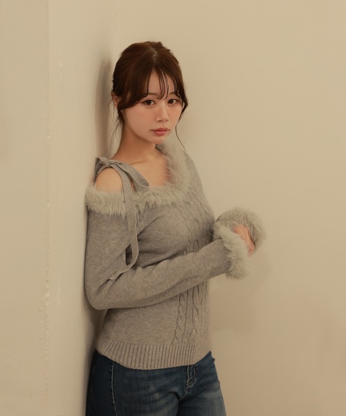 M DOLLY(エムドリー)の「fur ribbon rafia knit tops/ファーリボンラフィアニットトップス(ニット/セーター・レディース・ダークグレー/ベージュ/ブルーグレー/アイボリー・FREE)」の18枚目の写真