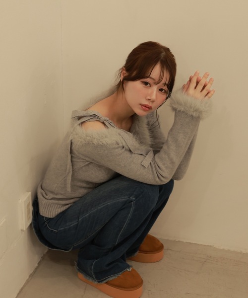 M DOLLY(エムドリー)の「fur ribbon rafia knit tops/ファーリボンラフィアニットトップス(ニット/セーター・レディース・ダークグレー/ベージュ/ブルーグレー/アイボリー・FREE)」の20枚目の写真