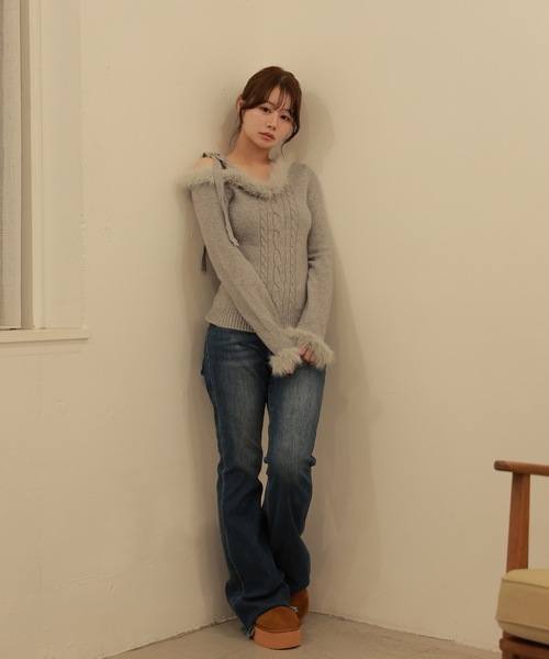M DOLLY(エムドリー)の「fur ribbon rafia knit tops/ファーリボンラフィアニットトップス(ニット/セーター・レディース・ダークグレー/ベージュ/ブルーグレー/アイボリー・FREE)」の21枚目の写真