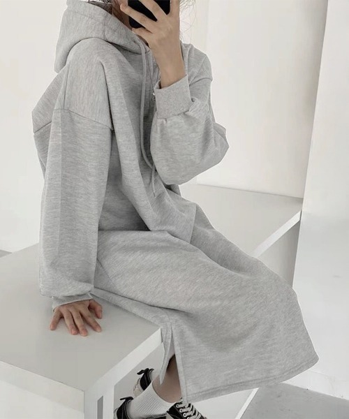 Miniministore(ミニミニストア)の「裏起毛 ロングパーカーワンピース 着やせ(ワンピース・レディース・ライトグレー/ネイビー/ブラウン/ブラック・FREE)」の3枚目の写真