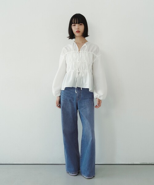 EMMEL REFINES(エメルリファインズ)の「<EMMEL REFINES>EM コードレーン リボンギャザー ブラウス(シャツ/ブラウス・レディース・ブラック/ライトブルー/ホワイト・FREE)」の7枚目の写真