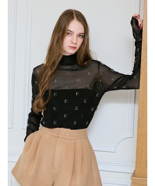 EIMY ISTOIRE（エイミーイストワール）の「モノグラムカットアウトチュールトップス（Tシャツ/カットソー・レディース・ライトベージュ/ブラック・F）」の2枚目の写真