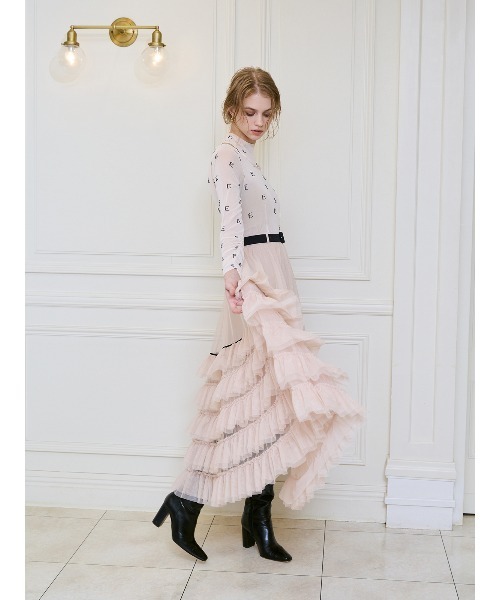 EIMY ISTOIRE（エイミーイストワール）の「モノグラムカットアウトチュールトップス（Tシャツ/カットソー・レディース・ライトベージュ/ブラック・F）」の14枚目の写真