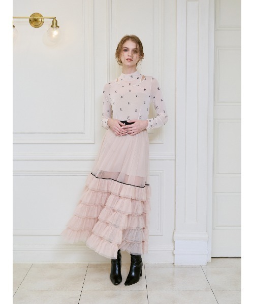 EIMY ISTOIRE（エイミーイストワール）の「モノグラムカットアウトチュールトップス（Tシャツ/カットソー・レディース・ライトベージュ/ブラック・F）」の16枚目の写真