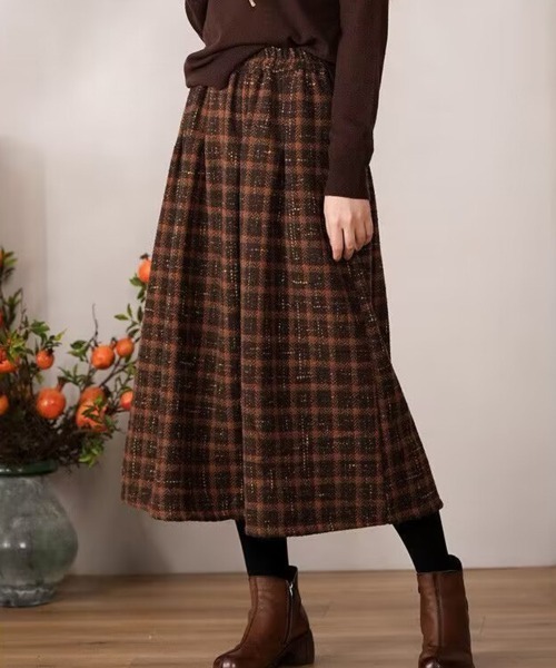 Flugge(フラッジー)の「ミディアム丈チェックスカート(スカート・レディース・ブラウン/グリーン・LARGE/MEDIUM)」の1枚目の写真