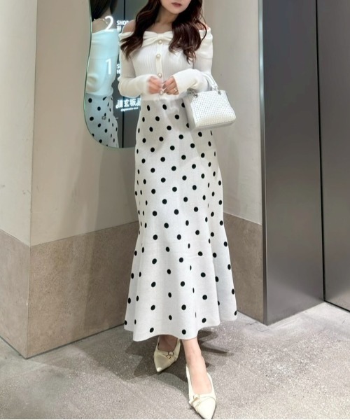 リボンデザインドットニットワンピース 春服（ワンピース）｜rienda