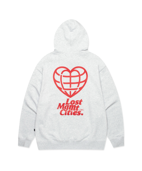 HEART GLOBE HOODIE — светло‑меланжевое худи с принтом сердца и глобуса