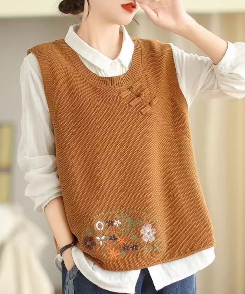 Flugge(フラッジー)の「花柄刺繍ニットベスト(ベスト・レディース・グリーン/ブラウン/ネイビー/ベージュ/レッド・FREE)」の7枚目の写真
