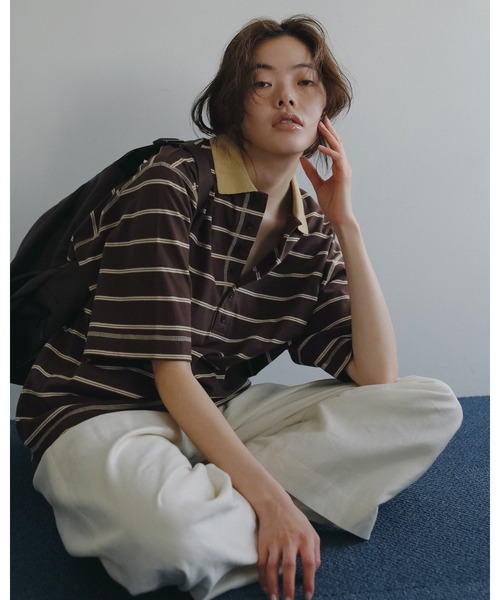 anuke（アンヌーク）の「Border Loose Polotops（Tシャツ/カットソー・レディース・チャコールグレー/ブラウン/ブルー系その他・FREE）」の4枚目の写真