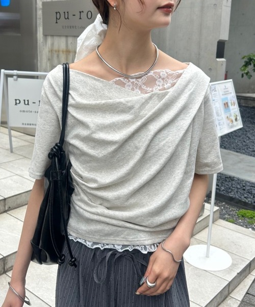 mystic(ミスティック)の「【5色展開◎】レースドッキングオフショル半袖Tシャツ(Tシャツ/カットソー・レディース・オフホワイト/グレー/ホワイト/ピンク/ブラック・FREE)」の1枚目の写真