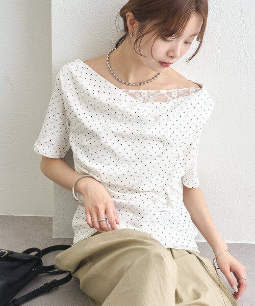 mystic(ミスティック)の「【5色展開◎】レースドッキングオフショル半袖Tシャツ(Tシャツ/カットソー・レディース・オフホワイト/グレー/ホワイト/ピンク/ブラック・FREE)」の2枚目の写真
