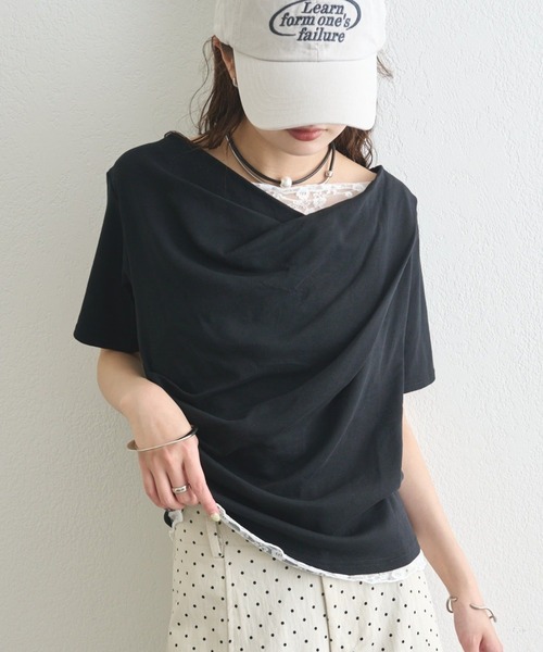 mystic(ミスティック)の「【5色展開◎】レースドッキングオフショル半袖Tシャツ(Tシャツ/カットソー・レディース・オフホワイト/グレー/ホワイト/ピンク/ブラック・FREE)」の4枚目の写真