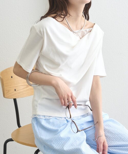 mystic(ミスティック)の「【5色展開◎】レースドッキングオフショル半袖Tシャツ(Tシャツ/カットソー・レディース・オフホワイト/グレー/ホワイト/ピンク/ブラック・FREE)」の6枚目の写真