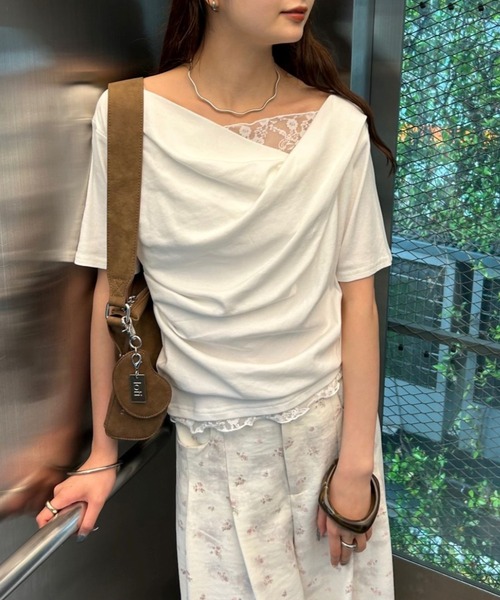 mystic(ミスティック)の「【5色展開◎】レースドッキングオフショル半袖Tシャツ(Tシャツ/カットソー・レディース・オフホワイト/グレー/ホワイト/ピンク/ブラック・FREE)」の9枚目の写真