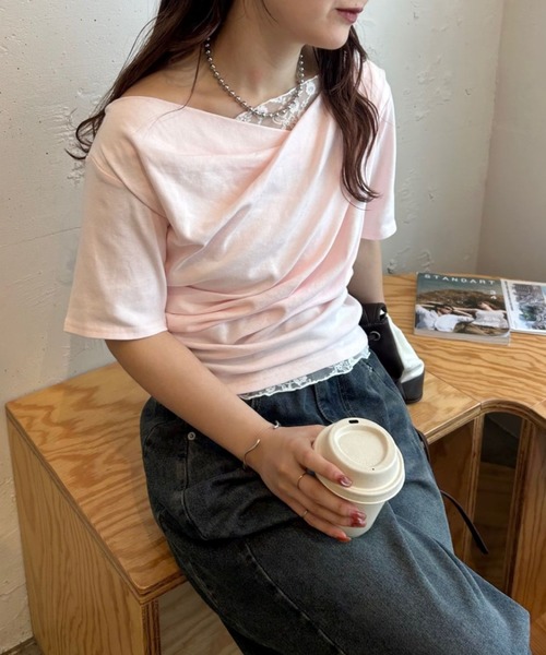 mystic(ミスティック)の「【5色展開◎】レースドッキングオフショル半袖Tシャツ(Tシャツ/カットソー・レディース・オフホワイト/グレー/ホワイト/ピンク/ブラック・FREE)」の10枚目の写真