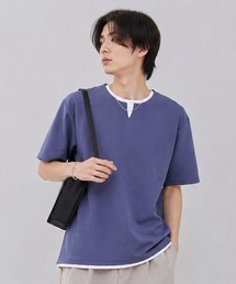 【SARARI /サラリ】接触冷感 速乾 フェイクレイヤード キーネック 半袖 Tシャツ