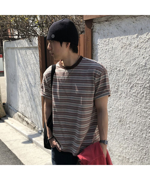 MINDBRIDGE（マインドブリッジ）の「コットン100%マルチストライプオーバーサイズ半袖Tシャツ - 2カラー（Tシャツ/カットソー・メンズ・ピンク/グレー・95/100/105）」の2枚目の写真