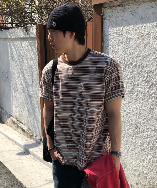 MINDBRIDGE（マインドブリッジ）の「コットン100%マルチストライプオーバーサイズ半袖Tシャツ - 2カラー（Tシャツ/カットソー・メンズ・ピンク/グレー・95/100/105）」の8枚目の写真