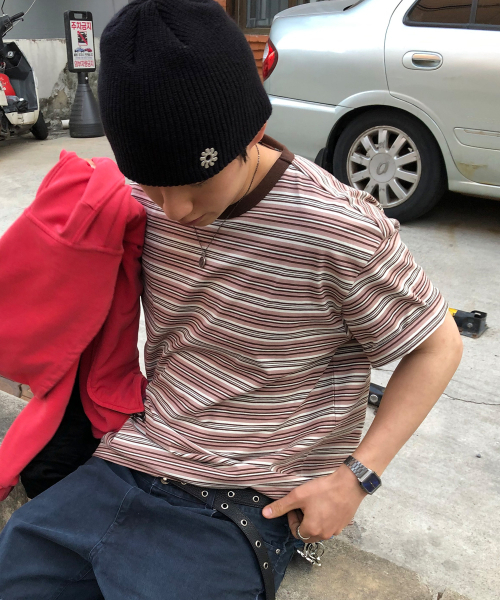 MINDBRIDGE（マインドブリッジ）の「コットン100%マルチストライプオーバーサイズ半袖Tシャツ - 2カラー（Tシャツ/カットソー・メンズ・ピンク/グレー・95/100/105）」の9枚目の写真