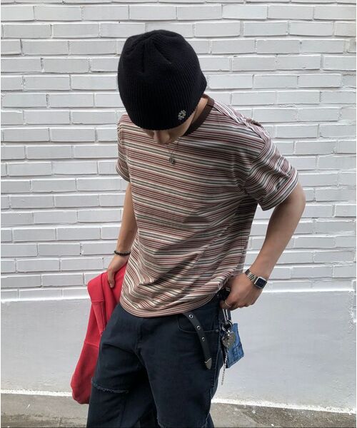 MINDBRIDGE（マインドブリッジ）の「コットン100%マルチストライプオーバーサイズ半袖Tシャツ - 2カラー（Tシャツ/カットソー・メンズ・ピンク/グレー・95/100/105）」の6枚目の写真
