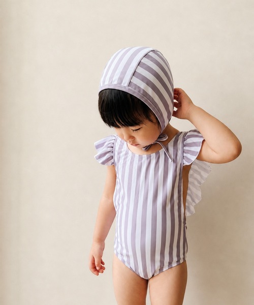aimoha(アイモハ)の「【aimoha-KIDS-】フリルショルダーワンピース水着(スイムキャップ付き) (SS)(水着・キッズ・パープル/ライトパープル・100/110/120)」の2枚目の写真