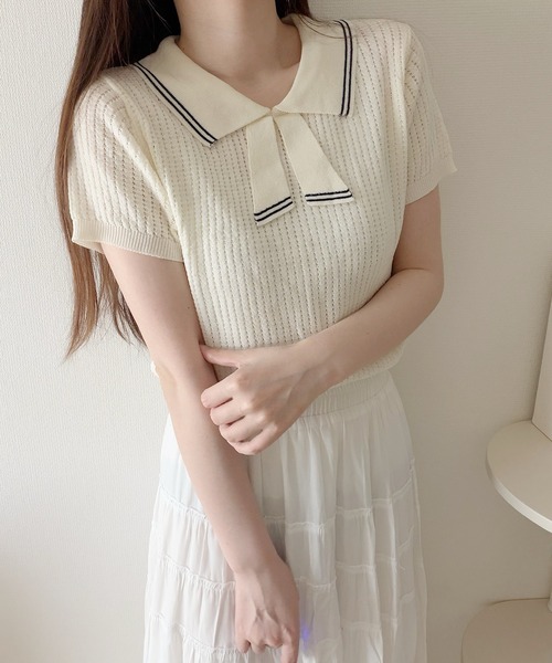 Nana(ナナ)の「ラインリボン襟サマーニット(ニット/セーター・レディース・クリーム・FREE)」の4枚目の写真