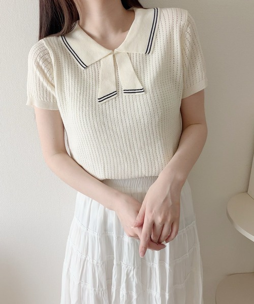 Nana(ナナ)の「ラインリボン襟サマーニット(ニット/セーター・レディース・クリーム・FREE)」の5枚目の写真