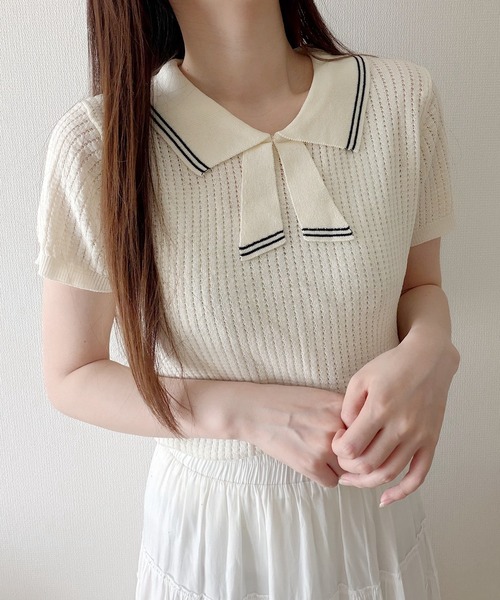 Nana(ナナ)の「ラインリボン襟サマーニット(ニット/セーター・レディース・クリーム・FREE)」の6枚目の写真