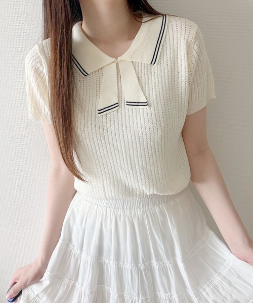 Nana(ナナ)の「ラインリボン襟サマーニット(ニット/セーター・レディース・クリーム・FREE)」の7枚目の写真