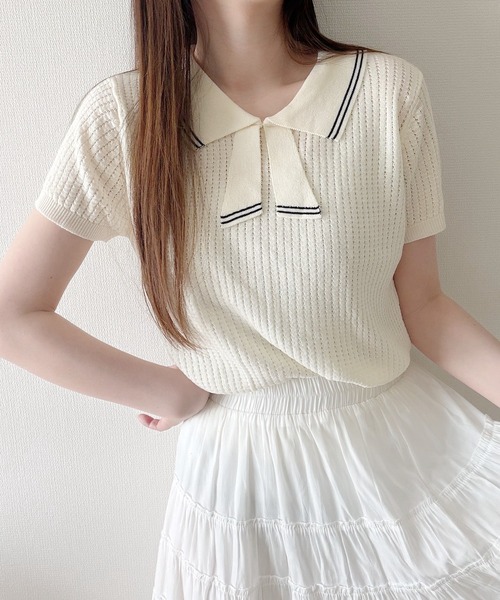 Nana(ナナ)の「ラインリボン襟サマーニット(ニット/セーター・レディース・クリーム・FREE)」の8枚目の写真