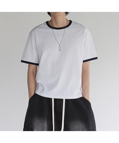 GCLIP(ジクリップ)の「エッセンシャルラウンドネックセミクロップリンガー半袖Tシャツ2カラー(Tシャツ/カットソー・メンズ・ホワイト/ネイビー・MEDIUM/LARGE/X-LARGE)」の1枚目の写真