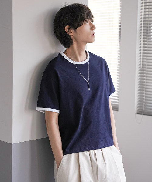 GCLIP(ジクリップ)の「エッセンシャルラウンドネックセミクロップリンガー半袖Tシャツ2カラー(Tシャツ/カットソー・メンズ・ホワイト/ネイビー・MEDIUM/LARGE/X-LARGE)」の3枚目の写真