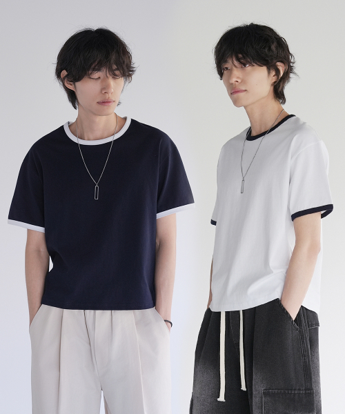 GCLIP(ジクリップ)の「エッセンシャルラウンドネックセミクロップリンガー半袖Tシャツ2カラー(Tシャツ/カットソー・メンズ・ホワイト/ネイビー・MEDIUM/LARGE/X-LARGE)」の6枚目の写真