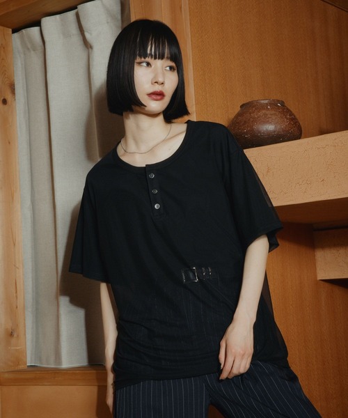 HARE(ハレ)の「シアーレイヤードヘンリーネックカット(HARE)(Tシャツ/カットソー・メンズ・グレー/カーキ/ブラック・FREE)」の14枚目の写真