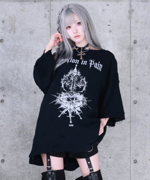 ハートクロスプリントダメージガーゼ半袖トップス（Tシャツ/カットソー