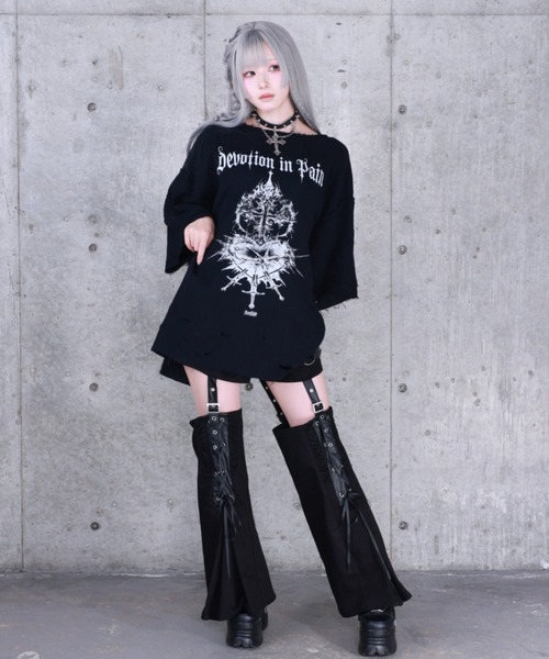 Amilige(アミリージュ)の「ハートクロスプリントダメージガーゼ半袖トップス(Tシャツ/カットソー・レディース・ホワイト/ブラック・FREE)」の6枚目の写真