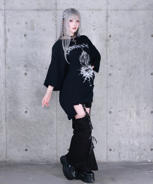 Amilige(アミリージュ)の「ハートクロスプリントダメージガーゼ半袖トップス(Tシャツ/カットソー・レディース・ホワイト/ブラック・FREE)」の7枚目の写真