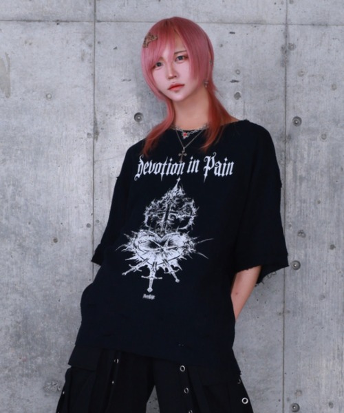 Amilige(アミリージュ)の「ハートクロスプリントダメージガーゼ半袖トップス(Tシャツ/カットソー・レディース・ホワイト/ブラック・FREE)」の8枚目の写真