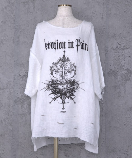 Amilige(アミリージュ)の「ハートクロスプリントダメージガーゼ半袖トップス(Tシャツ/カットソー・レディース・ホワイト/ブラック・FREE)」の12枚目の写真