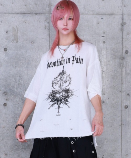 ハートクロスプリントダメージガーゼ半袖トップス（Tシャツ/カットソー
